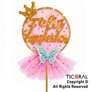 CAKE TOPPER FELIZ CUMPLEA�OS CIRCULO ORO CON TUL ROSA